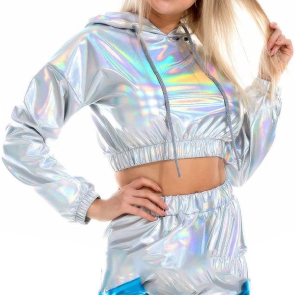 Iridescent metallic laser silver cropped Hoodie NWOT Q - Picture 7 of 7